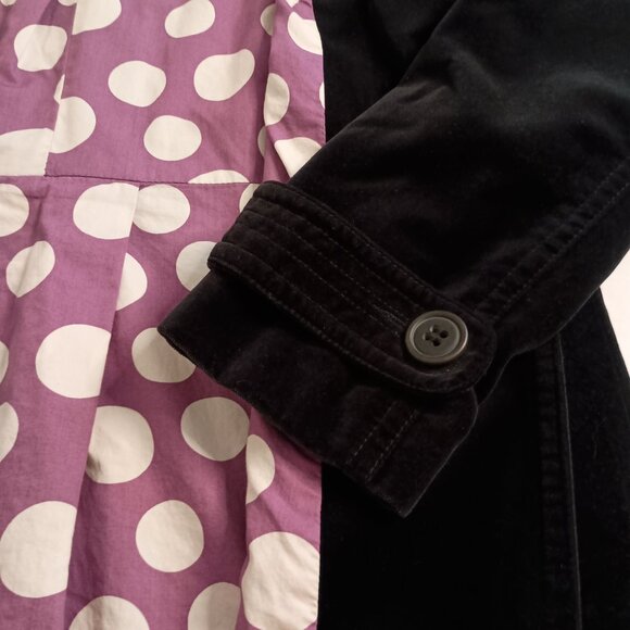 Boden Black Velvet Like Knee-Length Coat w/Purple & White Dot Lining Women’s 14 - Picture 4 of 10